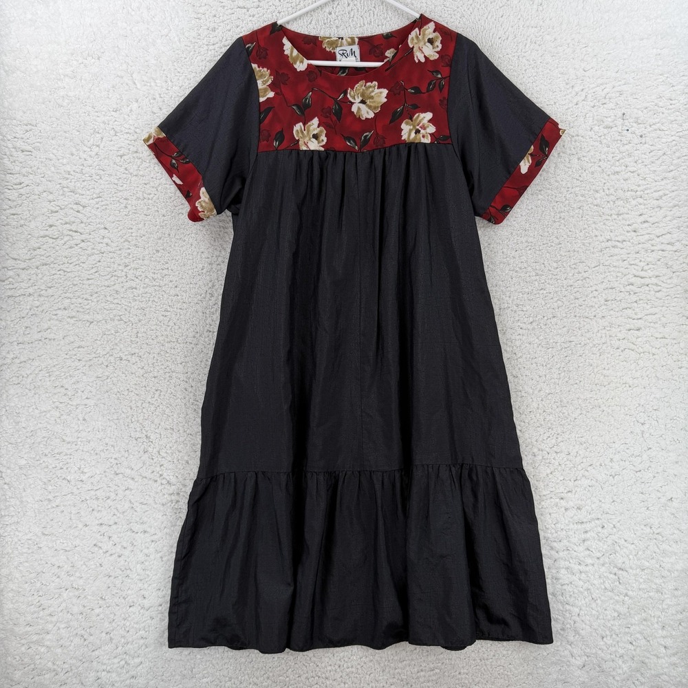 RM Hawaii Dress Womens Large Black Floral Yoke Short Sleeve Trapeze Midi Muumuu